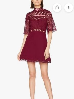 Keepsake uplifted wine red lace mini Women's size XS Fit-and-Flare mock neck NEW